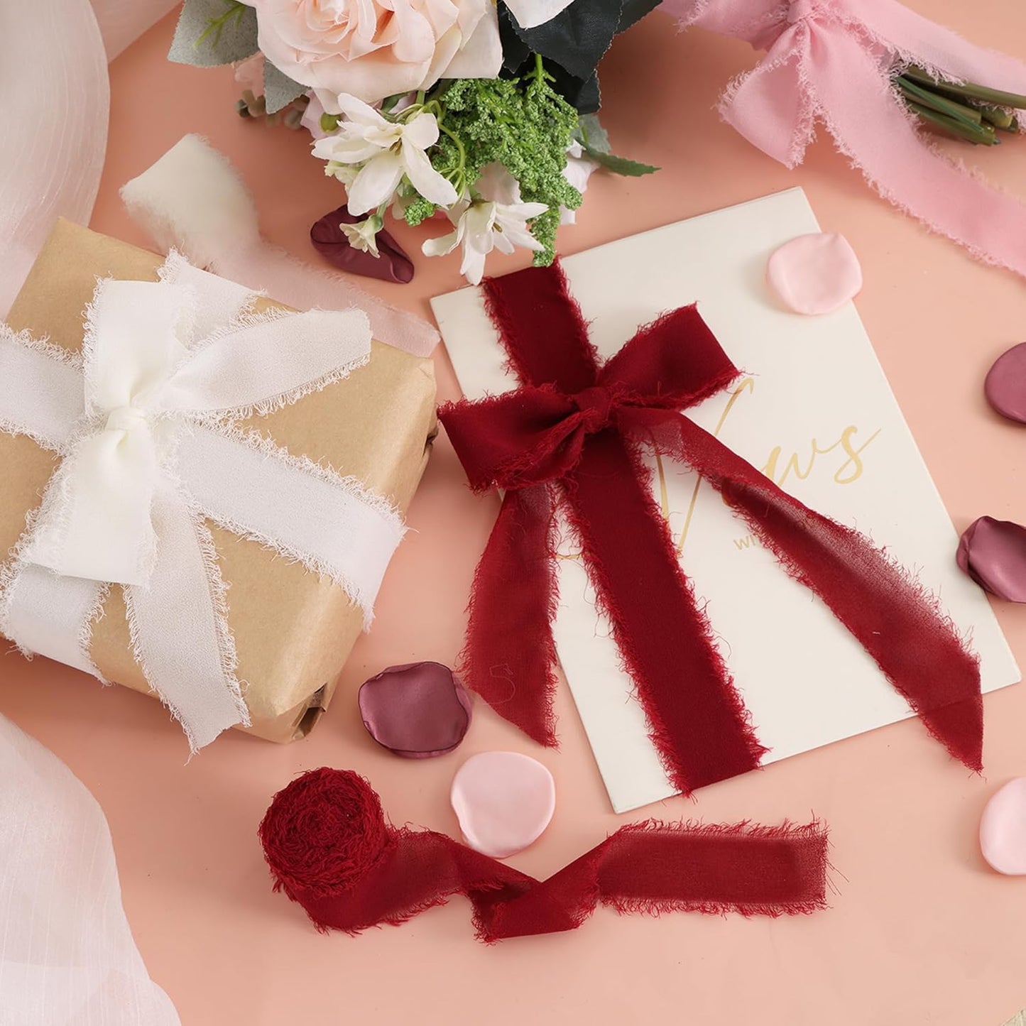 4 Rolls Silk Chiffon Ribbon, 1-1/2 Inch x 22yds, Cream Yellow Chiffon Ribbons, Handmade Fringe Silk Ribbon Frayed Edges for Gift Wrapping Bridal Bouquets Wedding Invitations Decoration Crafts