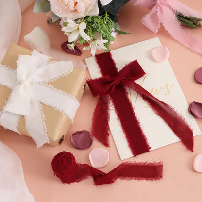 4 Rolls Silk Chiffon Ribbon, 1-1/2 Inch x 22yds, Cream Yellow Chiffon Ribbons, Handmade Fringe Silk Ribbon Frayed Edges for Gift Wrapping Bridal Bouquets Wedding Invitations Decoration Crafts