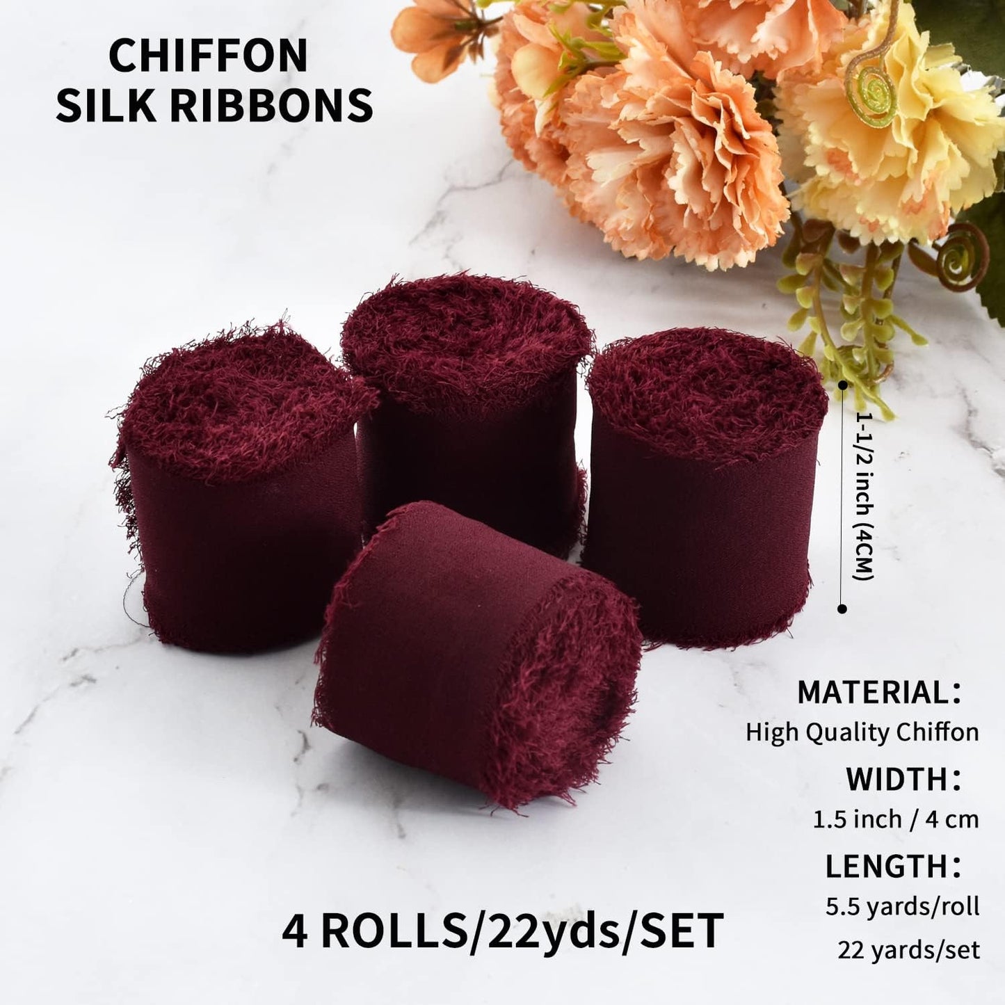 4 Rolls Silk Chiffon Ribbon, 1-1/2 Inch x 22yds, Cream Yellow Chiffon Ribbons, Handmade Fringe Silk Ribbon Frayed Edges for Gift Wrapping Bridal Bouquets Wedding Invitations Decoration Crafts
