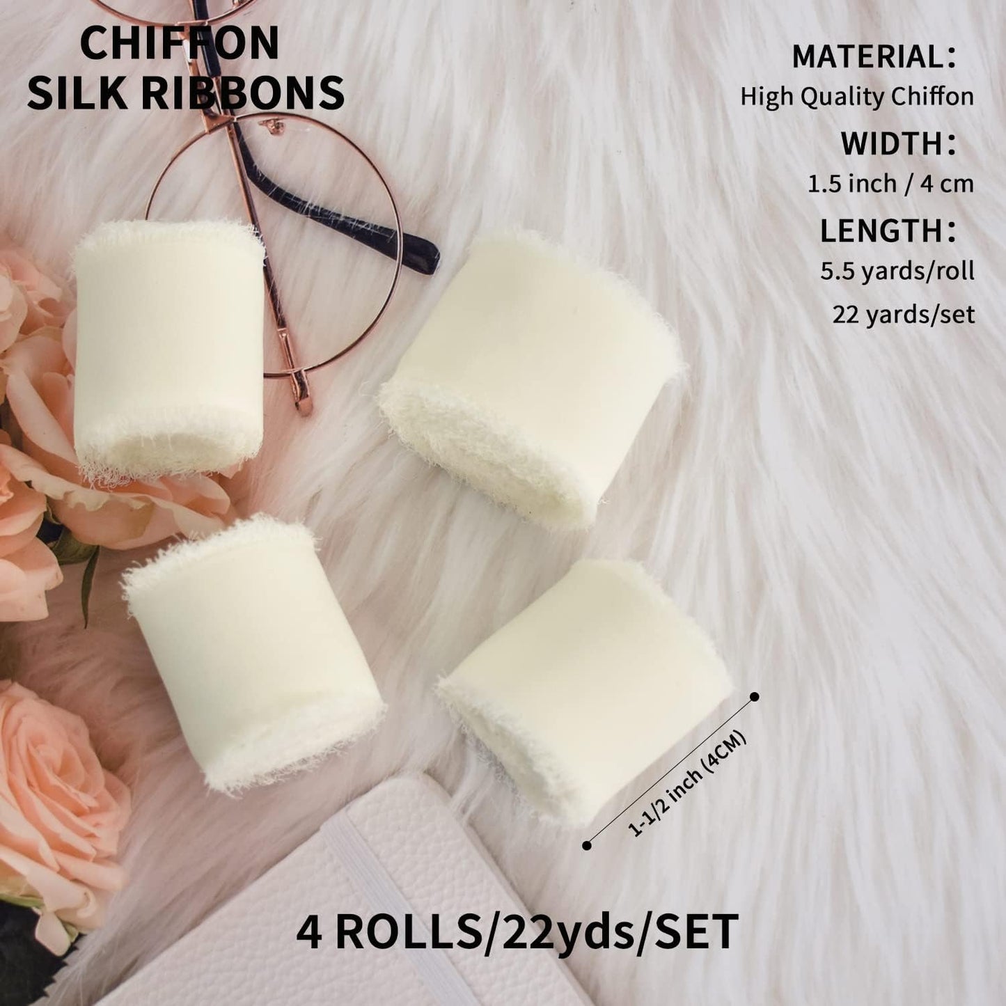 4 Rolls Silk Chiffon Ribbon, 1-1/2 Inch x 22yds, Cream Yellow Chiffon Ribbons, Handmade Fringe Silk Ribbon Frayed Edges for Gift Wrapping Bridal Bouquets Wedding Invitations Decoration Crafts
