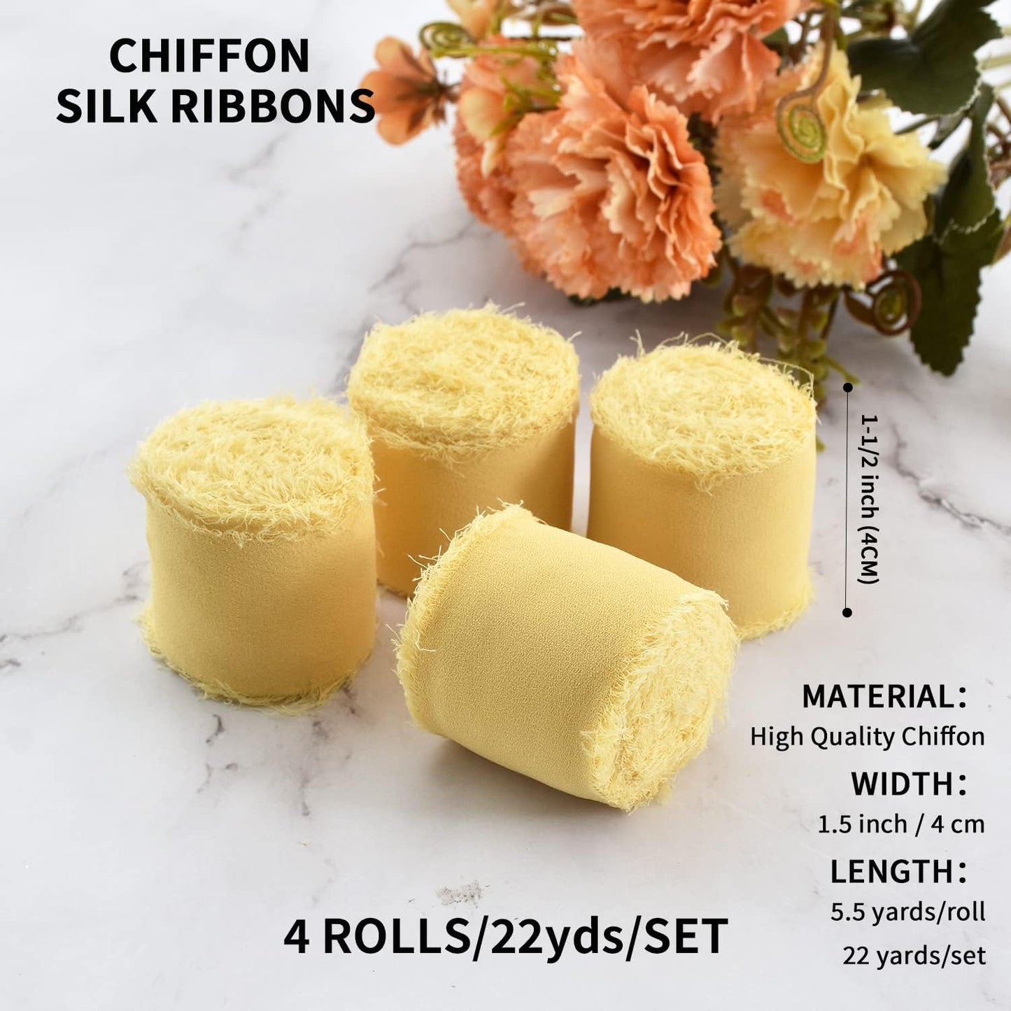 4 Rolls Silk Chiffon Ribbon, 1-1/2 Inch x 22yds, Cream Yellow Chiffon Ribbons, Handmade Fringe Silk Ribbon Frayed Edges for Gift Wrapping Bridal Bouquets Wedding Invitations Decoration Crafts