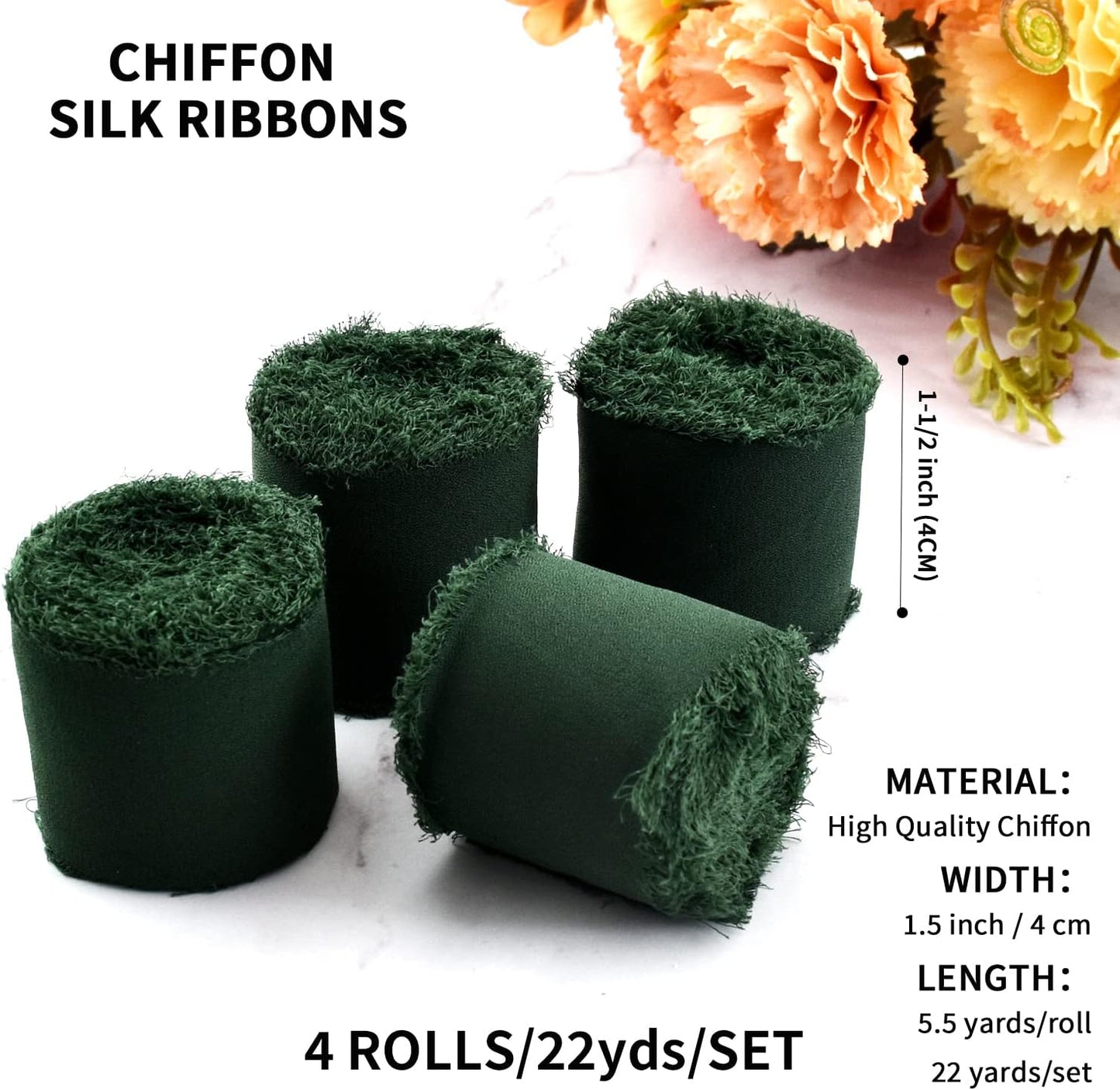 4 Rolls Silk Chiffon Ribbon, 1-1/2 Inch x 22yds, Cream Yellow Chiffon Ribbons, Handmade Fringe Silk Ribbon Frayed Edges for Gift Wrapping Bridal Bouquets Wedding Invitations Decoration Crafts