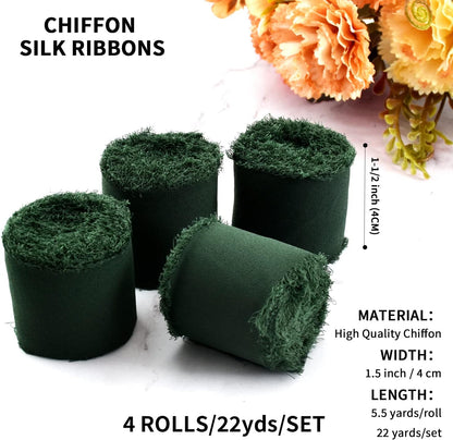 4 Rolls Silk Chiffon Ribbon, 1-1/2 Inch x 22yds, Cream Yellow Chiffon Ribbons, Handmade Fringe Silk Ribbon Frayed Edges for Gift Wrapping Bridal Bouquets Wedding Invitations Decoration Crafts
