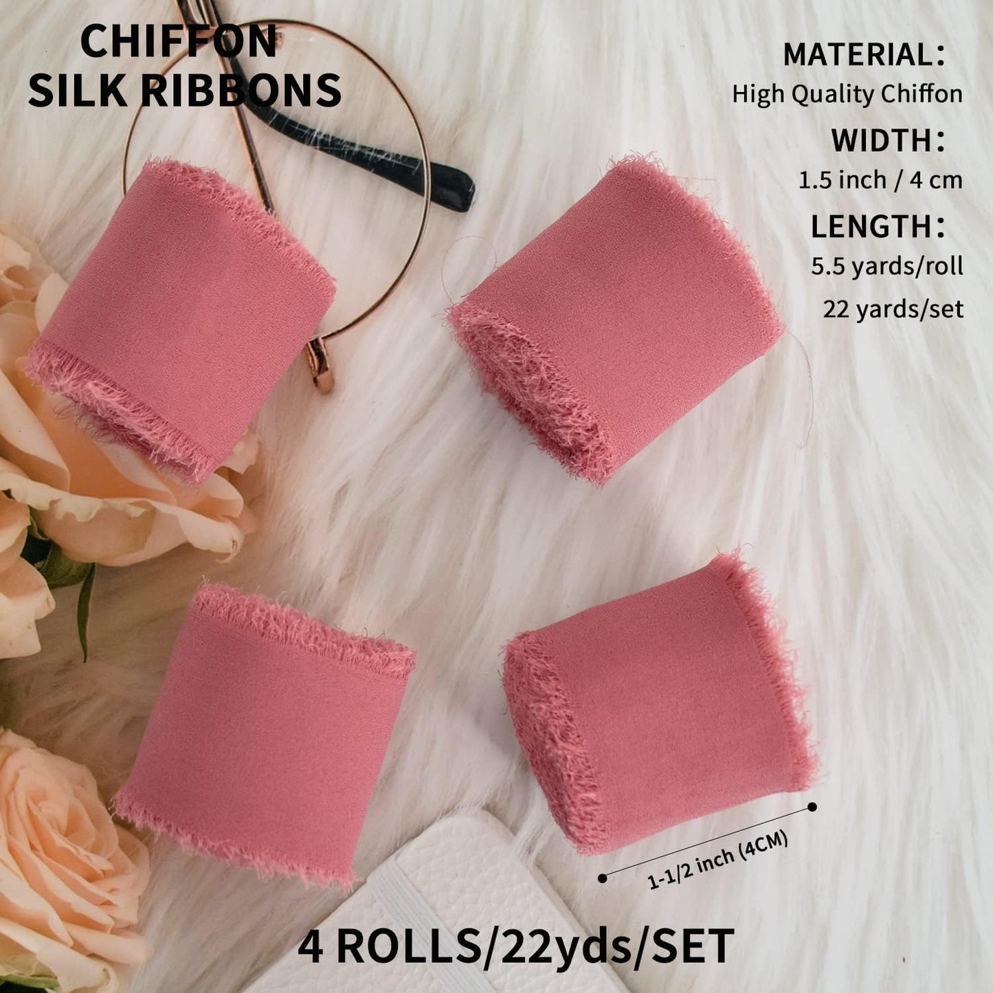 4 Rolls Silk Chiffon Ribbon, 1-1/2 Inch x 22yds, Cream Yellow Chiffon Ribbons, Handmade Fringe Silk Ribbon Frayed Edges for Gift Wrapping Bridal Bouquets Wedding Invitations Decoration Crafts