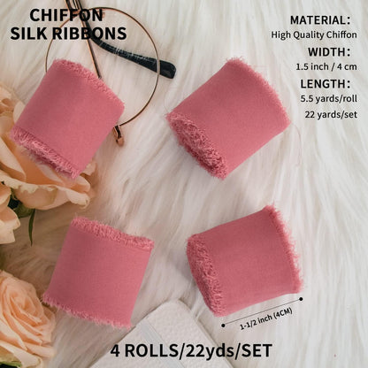 4 Rolls Silk Chiffon Ribbon, 1-1/2 Inch x 22yds, Cream Yellow Chiffon Ribbons, Handmade Fringe Silk Ribbon Frayed Edges for Gift Wrapping Bridal Bouquets Wedding Invitations Decoration Crafts