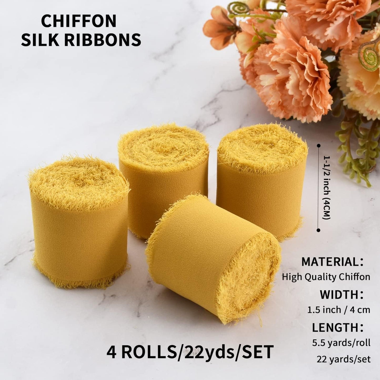 4 Rolls Silk Chiffon Ribbon, 1-1/2 Inch x 22yds, Cream Yellow Chiffon Ribbons, Handmade Fringe Silk Ribbon Frayed Edges for Gift Wrapping Bridal Bouquets Wedding Invitations Decoration Crafts