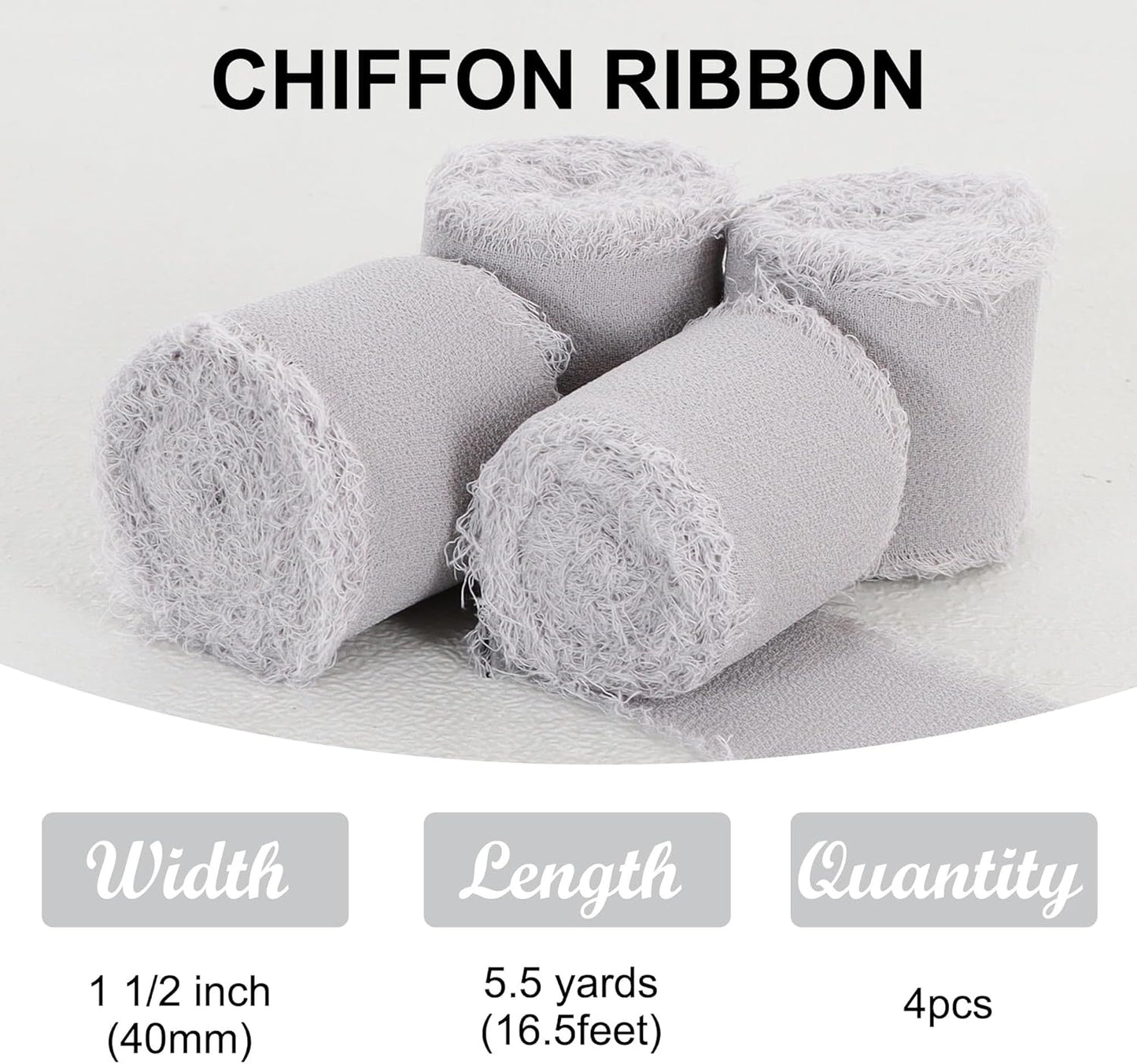 4 Rolls Silk Chiffon Ribbon, 1-1/2 Inch x 22yds, Cream Yellow Chiffon Ribbons, Handmade Fringe Silk Ribbon Frayed Edges for Gift Wrapping Bridal Bouquets Wedding Invitations Decoration Crafts