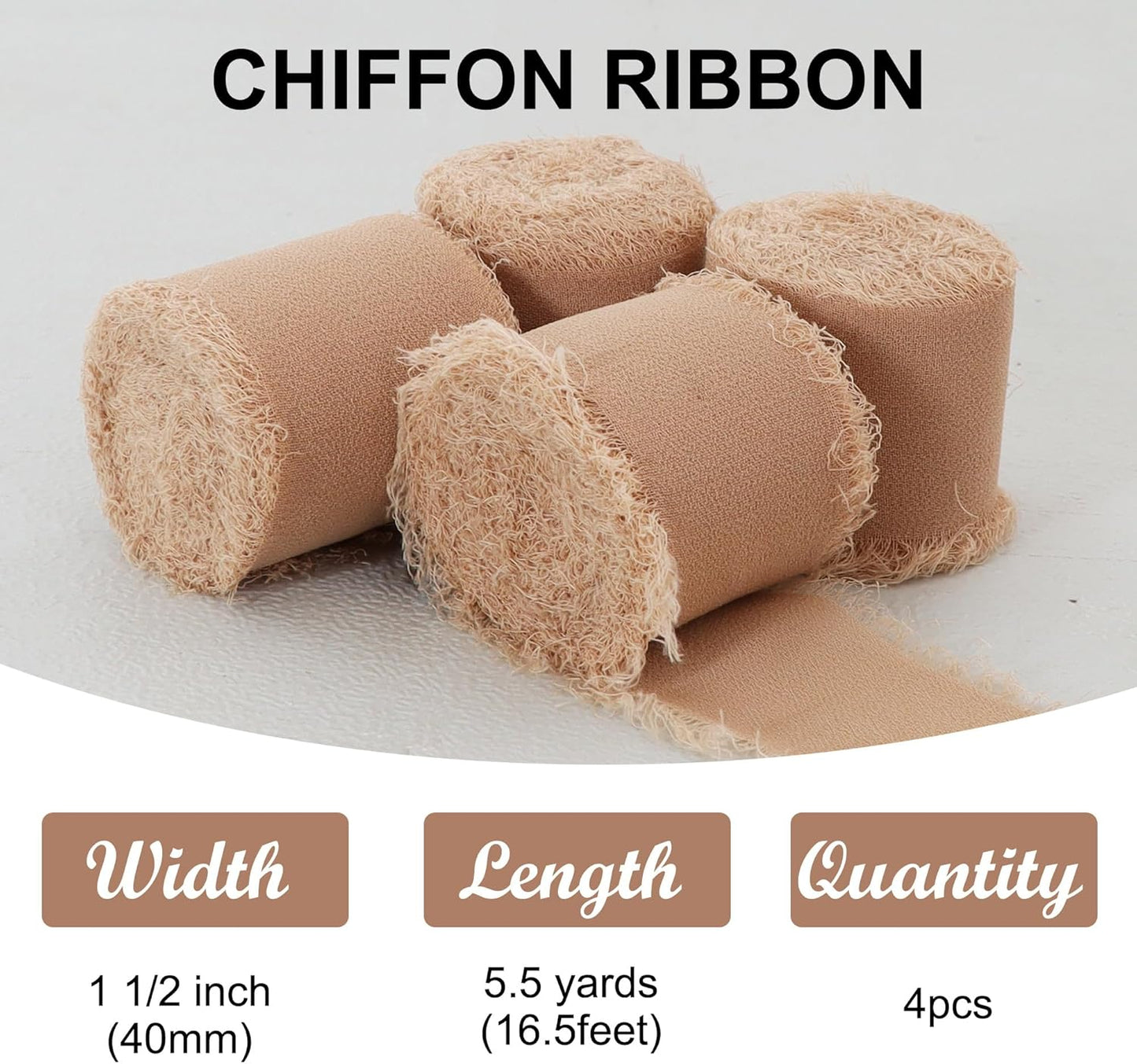4 Rolls Silk Chiffon Ribbon, 1-1/2 Inch x 22yds, Cream Yellow Chiffon Ribbons, Handmade Fringe Silk Ribbon Frayed Edges for Gift Wrapping Bridal Bouquets Wedding Invitations Decoration Crafts