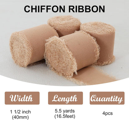 4 Rolls Silk Chiffon Ribbon, 1-1/2 Inch x 22yds, Cream Yellow Chiffon Ribbons, Handmade Fringe Silk Ribbon Frayed Edges for Gift Wrapping Bridal Bouquets Wedding Invitations Decoration Crafts