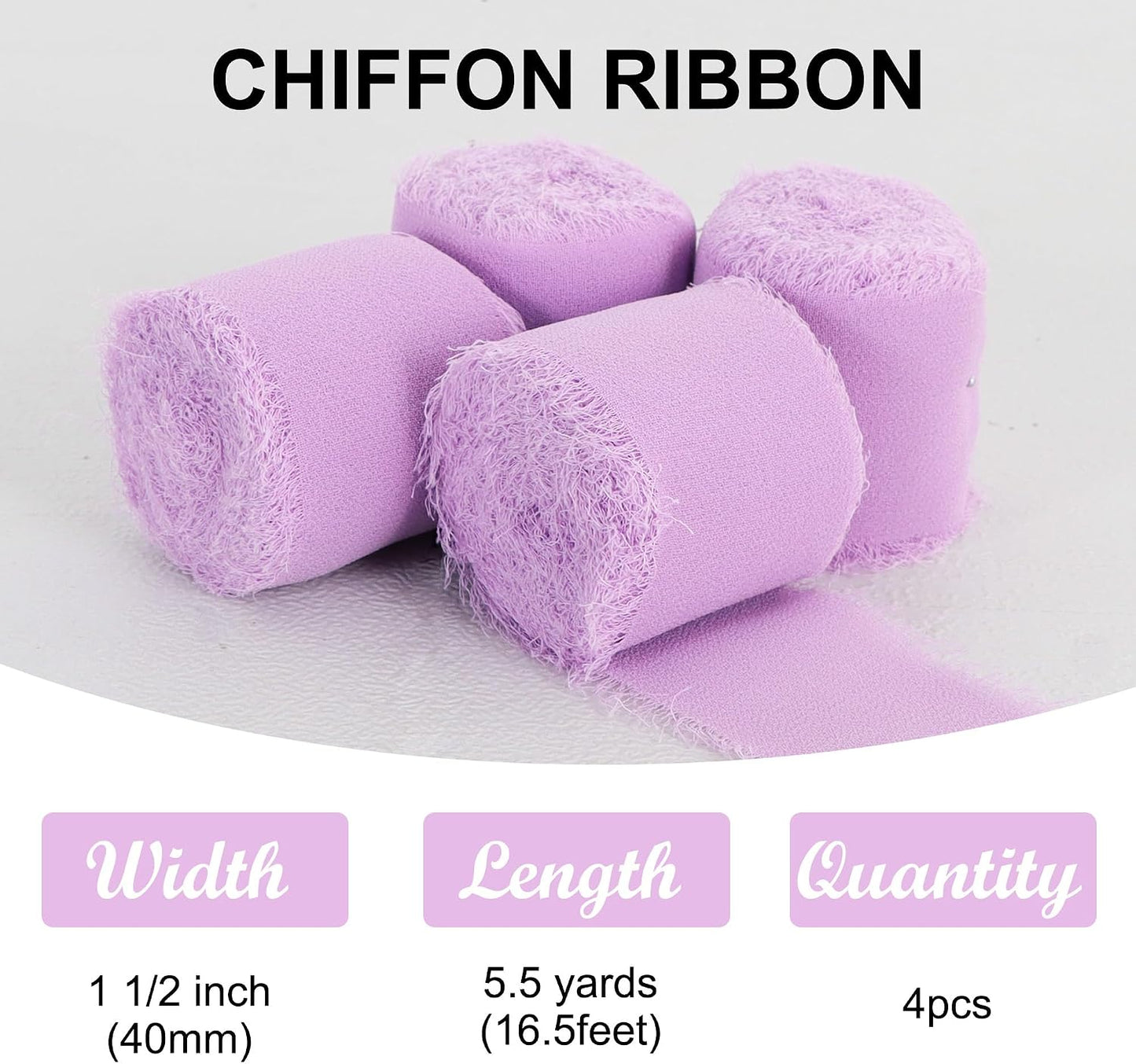 4 Rolls Silk Chiffon Ribbon, 1-1/2 Inch x 22yds, Cream Yellow Chiffon Ribbons, Handmade Fringe Silk Ribbon Frayed Edges for Gift Wrapping Bridal Bouquets Wedding Invitations Decoration Crafts