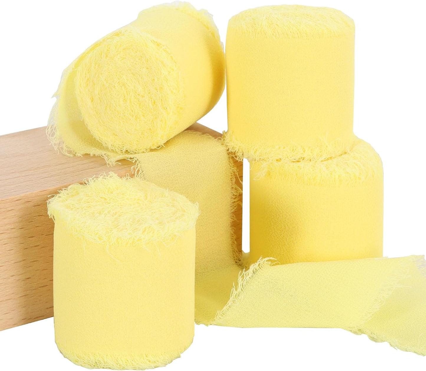 4 Rolls Silk Chiffon Ribbon, 1-1/2 Inch x 22yds, Cream Yellow Chiffon Ribbons, Handmade Fringe Silk Ribbon Frayed Edges for Gift Wrapping Bridal Bouquets Wedding Invitations Decoration Crafts
