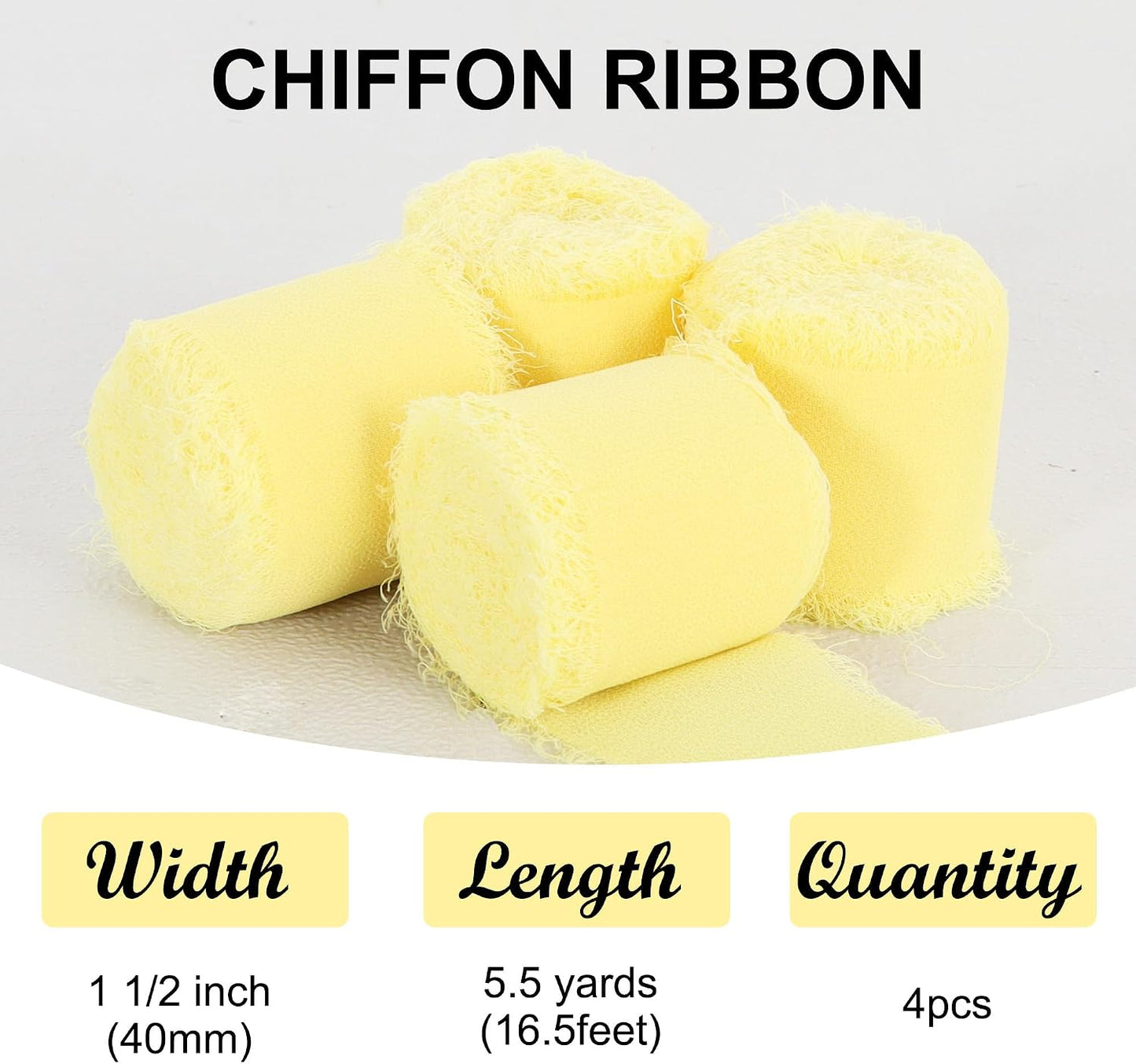 4 Rolls Silk Chiffon Ribbon, 1-1/2 Inch x 22yds, Cream Yellow Chiffon Ribbons, Handmade Fringe Silk Ribbon Frayed Edges for Gift Wrapping Bridal Bouquets Wedding Invitations Decoration Crafts