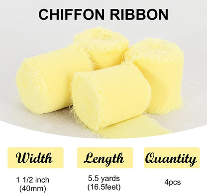 4 Rolls Silk Chiffon Ribbon, 1-1/2 Inch x 22yds, Cream Yellow Chiffon Ribbons, Handmade Fringe Silk Ribbon Frayed Edges for Gift Wrapping Bridal Bouquets Wedding Invitations Decoration Crafts