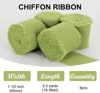 4 Rolls Silk Chiffon Ribbon, 1-1/2 Inch x 22yds, Cream Yellow Chiffon Ribbons, Handmade Fringe Silk Ribbon Frayed Edges for Gift Wrapping Bridal Bouquets Wedding Invitations Decoration Crafts