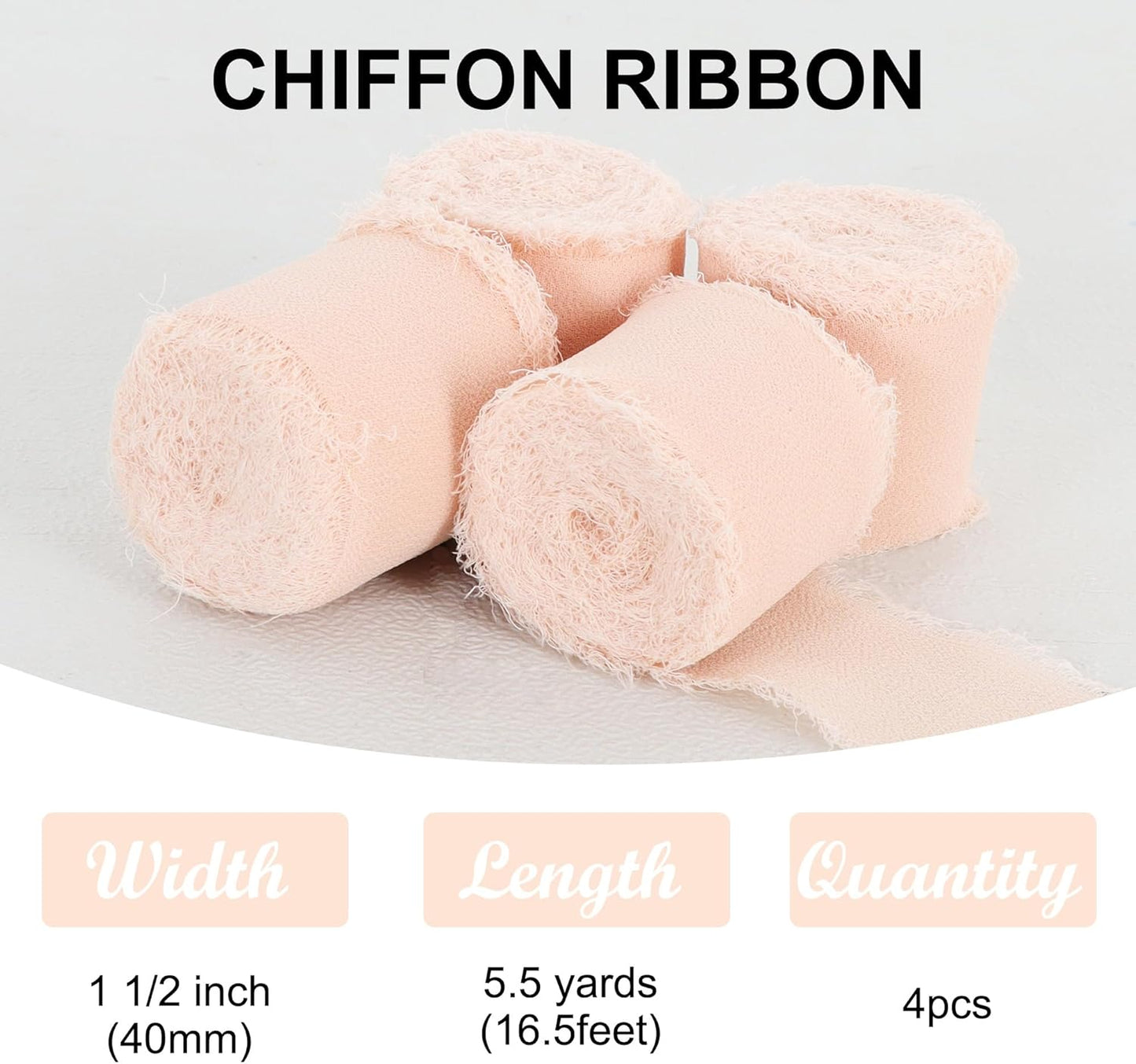 4 Rolls Silk Chiffon Ribbon, 1-1/2 Inch x 22yds, Cream Yellow Chiffon Ribbons, Handmade Fringe Silk Ribbon Frayed Edges for Gift Wrapping Bridal Bouquets Wedding Invitations Decoration Crafts