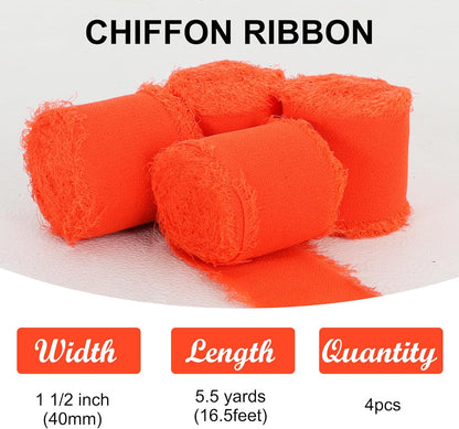 4 Rolls Silk Chiffon Ribbon, 1-1/2 Inch x 22yds, Cream Yellow Chiffon Ribbons, Handmade Fringe Silk Ribbon Frayed Edges for Gift Wrapping Bridal Bouquets Wedding Invitations Decoration Crafts