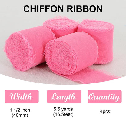 4 Rolls Silk Chiffon Ribbon, 1-1/2 Inch x 22yds, Cream Yellow Chiffon Ribbons, Handmade Fringe Silk Ribbon Frayed Edges for Gift Wrapping Bridal Bouquets Wedding Invitations Decoration Crafts