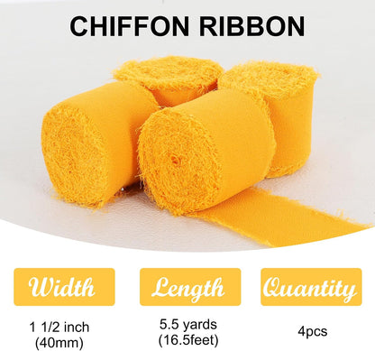 4 Rolls Silk Chiffon Ribbon, 1-1/2 Inch x 22yds, Cream Yellow Chiffon Ribbons, Handmade Fringe Silk Ribbon Frayed Edges for Gift Wrapping Bridal Bouquets Wedding Invitations Decoration Crafts