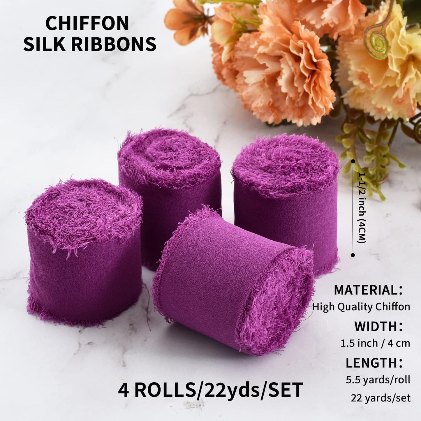 4 Rolls Silk Chiffon Ribbon, 1-1/2 Inch x 22yds, Cream Yellow Chiffon Ribbons, Handmade Fringe Silk Ribbon Frayed Edges for Gift Wrapping Bridal Bouquets Wedding Invitations Decoration Crafts