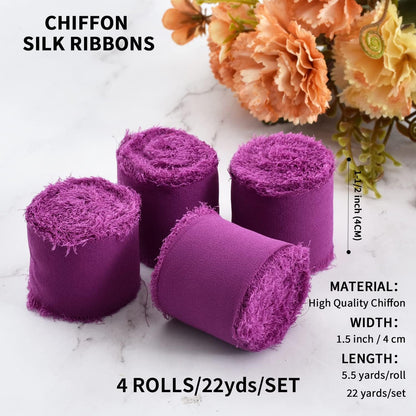 4 Rolls Silk Chiffon Ribbon, 1-1/2 Inch x 22yds, Cream Yellow Chiffon Ribbons, Handmade Fringe Silk Ribbon Frayed Edges for Gift Wrapping Bridal Bouquets Wedding Invitations Decoration Crafts