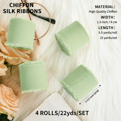 4 Rolls Silk Chiffon Ribbon, 1-1/2 Inch x 22yds, Cream Yellow Chiffon Ribbons, Handmade Fringe Silk Ribbon Frayed Edges for Gift Wrapping Bridal Bouquets Wedding Invitations Decoration Crafts