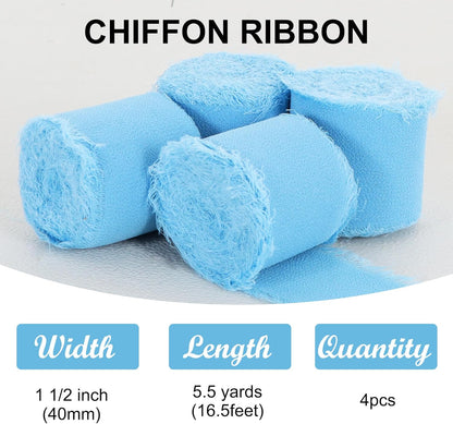 4 Rolls Silk Chiffon Ribbon, 1-1/2 Inch x 22yds, Cream Yellow Chiffon Ribbons, Handmade Fringe Silk Ribbon Frayed Edges for Gift Wrapping Bridal Bouquets Wedding Invitations Decoration Crafts