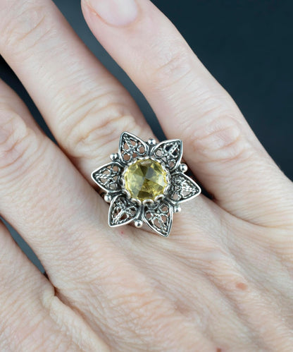925 Sterling Silver Filigree Art Daisy Flower Motif Woman Cocktail Statement Ring, Gift Boxed