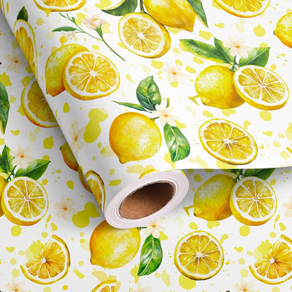 Lemon Wrapping Paper Roll - Yellow Lemon Leaves Floral Gift Wrap Design for Birthday Spring Summer Party Wedding Bridal Shower Total 28.5 sq.ft