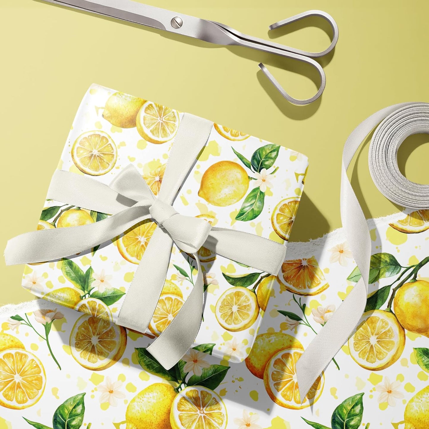 Lemon Wrapping Paper Roll - Yellow Lemon Leaves Floral Gift Wrap Design for Birthday Spring Summer Party Wedding Bridal Shower Total 28.5 sq.ft