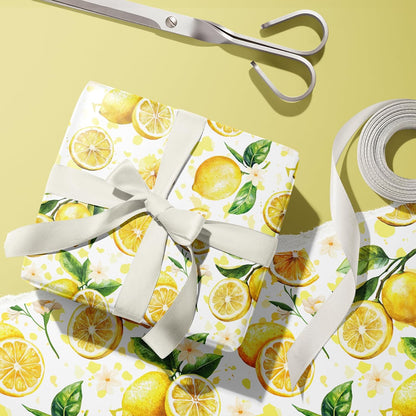 Lemon Wrapping Paper Roll - Yellow Lemon Leaves Floral Gift Wrap Design for Birthday Spring Summer Party Wedding Bridal Shower Total 28.5 sq.ft