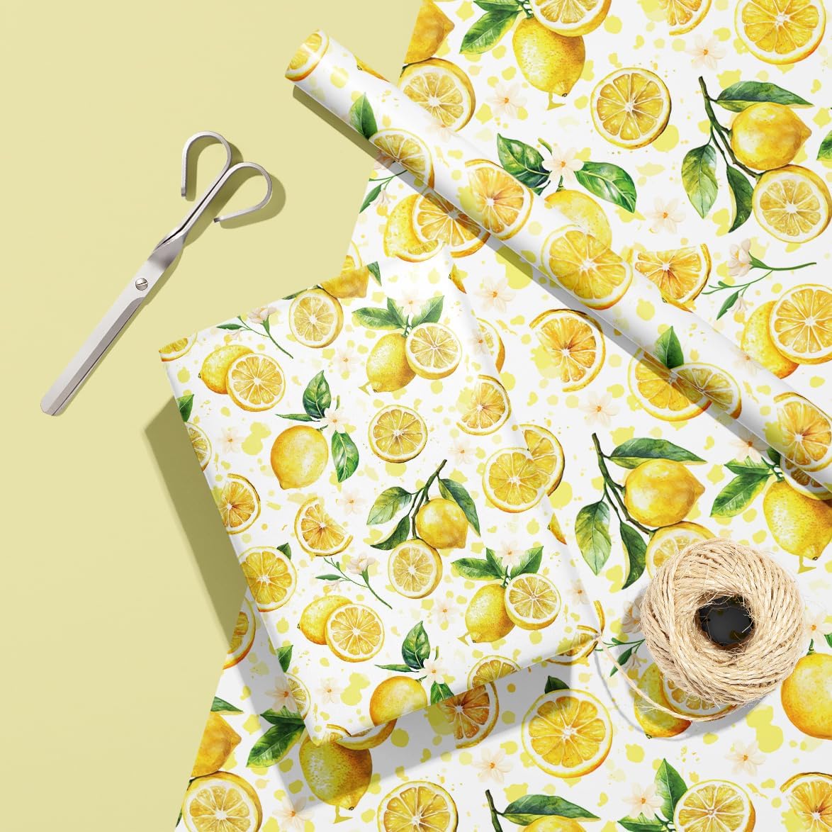 Lemon Wrapping Paper Roll - Yellow Lemon Leaves Floral Gift Wrap Design for Birthday Spring Summer Party Wedding Bridal Shower Total 28.5 sq.ft