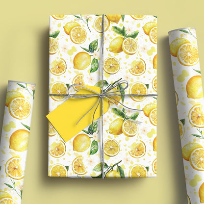 Lemon Wrapping Paper Roll - Yellow Lemon Leaves Floral Gift Wrap Design for Birthday Spring Summer Party Wedding Bridal Shower Total 28.5 sq.ft