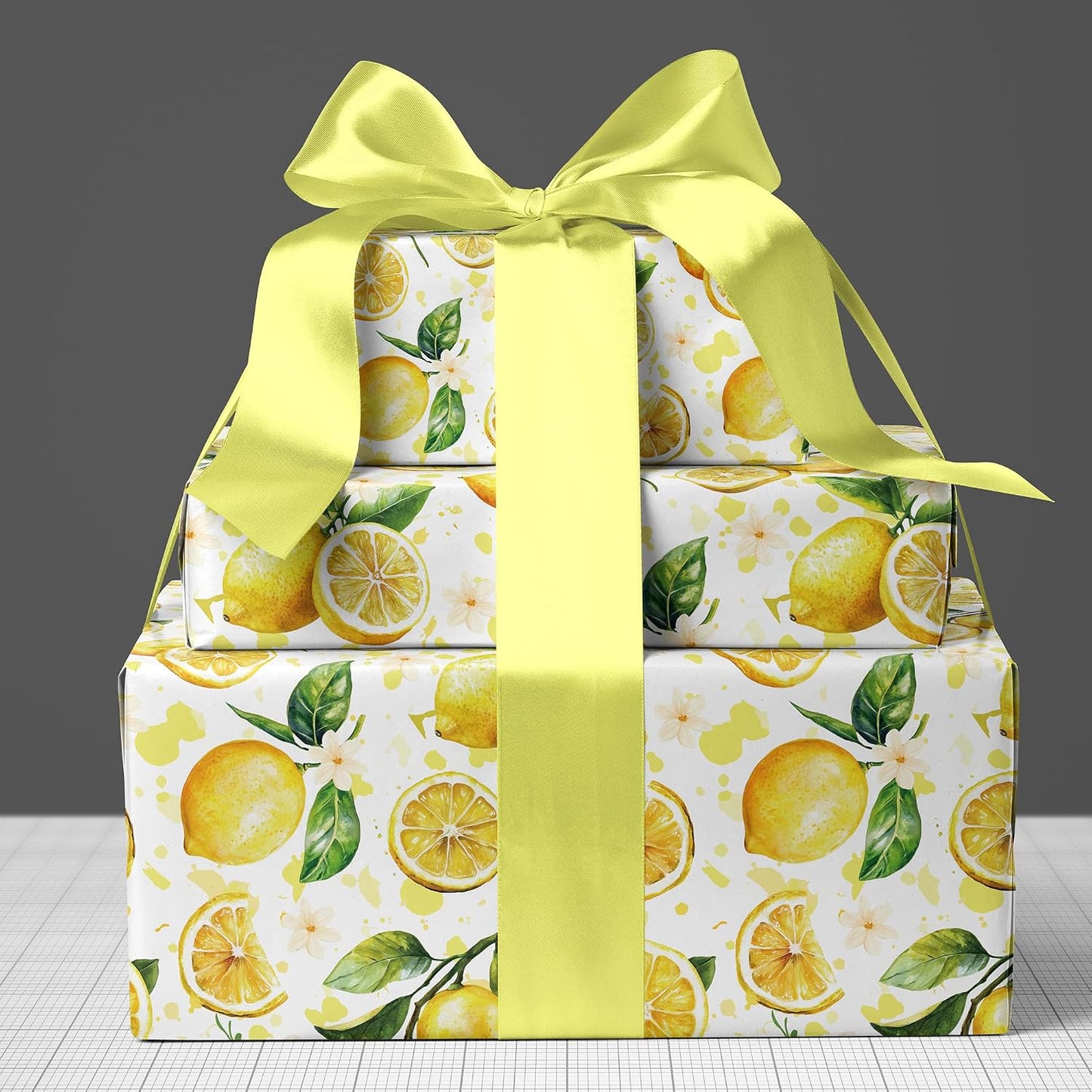 Lemon Wrapping Paper Roll - Yellow Lemon Leaves Floral Gift Wrap Design for Birthday Spring Summer Party Wedding Bridal Shower Total 28.5 sq.ft