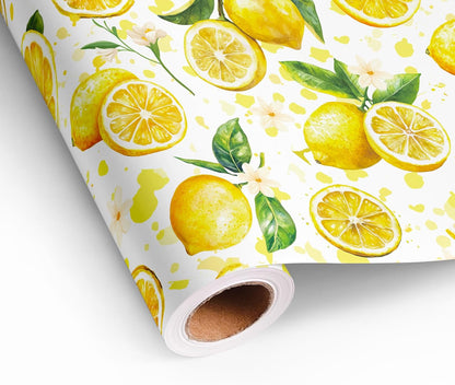 Lemon Wrapping Paper Roll - Yellow Lemon Leaves Floral Gift Wrap Design for Birthday Spring Summer Party Wedding Bridal Shower Total 28.5 sq.ft