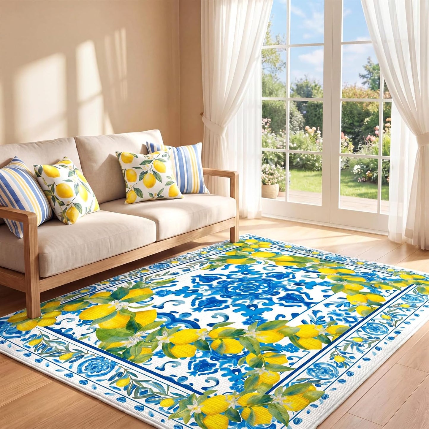 Summer Lemon Area Rugs 5x7 Feet Blue Area Rugs Middle Century Italian Textured Carpet Yellow Home Decoration Non Slip Washable Mat for Living Room Entryway Bedroom Laundry Room Indoor Kitchen