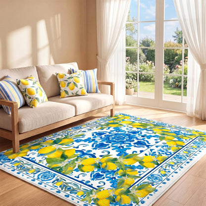 Summer Lemon Area Rugs 5x7 Feet Blue Area Rugs Middle Century Italian Textured Carpet Yellow Home Decoration Non Slip Washable Mat for Living Room Entryway Bedroom Laundry Room Indoor Kitchen