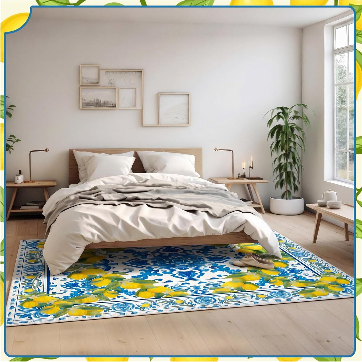 Summer Lemon Area Rugs 5x7 Feet Blue Area Rugs Middle Century Italian Textured Carpet Yellow Home Decoration Non Slip Washable Mat for Living Room Entryway Bedroom Laundry Room Indoor Kitchen