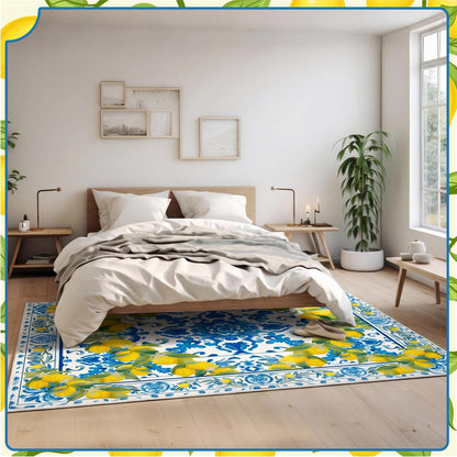 Summer Lemon Area Rugs 5x7 Feet Blue Area Rugs Middle Century Italian Textured Carpet Yellow Home Decoration Non Slip Washable Mat for Living Room Entryway Bedroom Laundry Room Indoor Kitchen