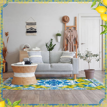 Summer Lemon Area Rugs 5x7 Feet Blue Area Rugs Middle Century Italian Textured Carpet Yellow Home Decoration Non Slip Washable Mat for Living Room Entryway Bedroom Laundry Room Indoor Kitchen