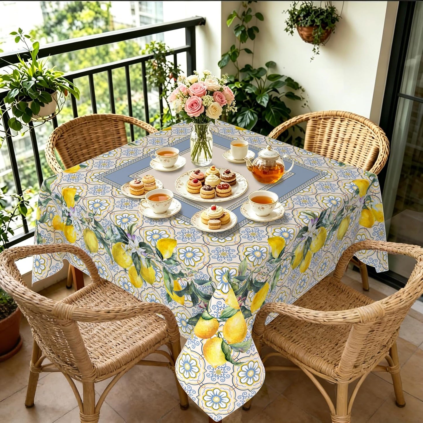 Yighty Square Lemon Tablecloth 70x70 Inch, French Lemon Country Farmhouse Spring Summer Waterproof Wrinkle Resistant Washable Tablecloth for Indoor and Outdoor, Holiday Kitchen Restaurant and Party