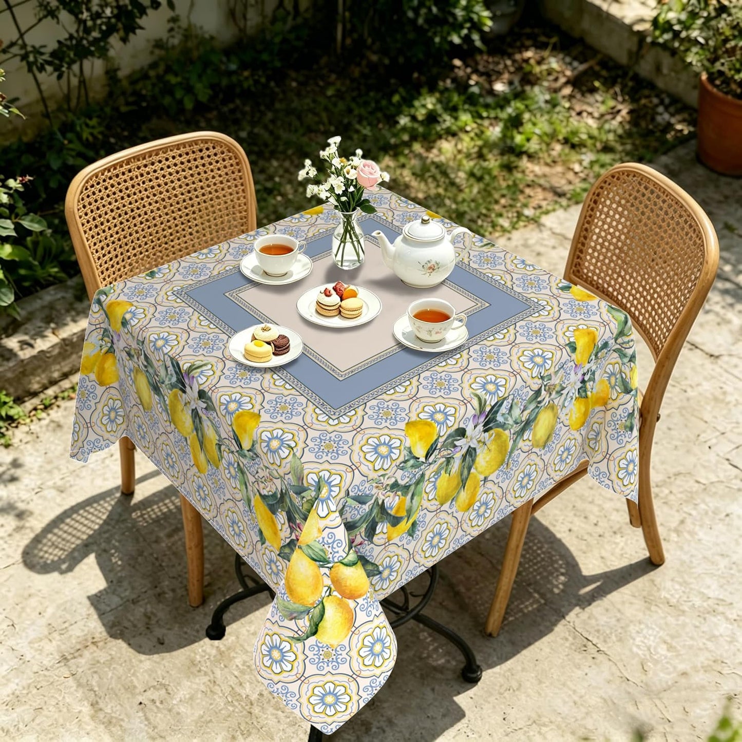 Yighty Square Lemon Tablecloth 70x70 Inch, French Lemon Country Farmhouse Spring Summer Waterproof Wrinkle Resistant Washable Tablecloth for Indoor and Outdoor, Holiday Kitchen Restaurant and Party