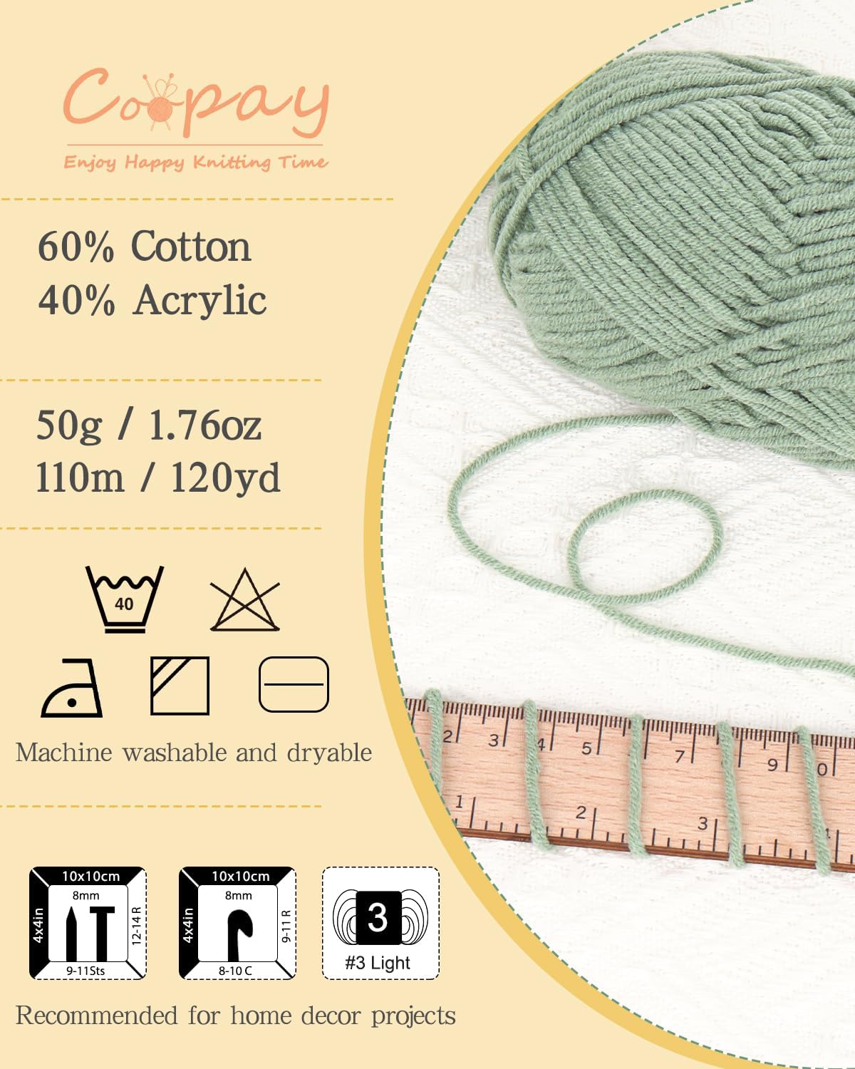 Cotton Blend Yarn for Crochet, Soft Granny Square Blanket Yarn | 50g/1.76oz Each Skein, 60% Cotton 40% Acrylic Soft Yarn for Handmade Blankets, Dolls, Scarves, Gloves & Shawls