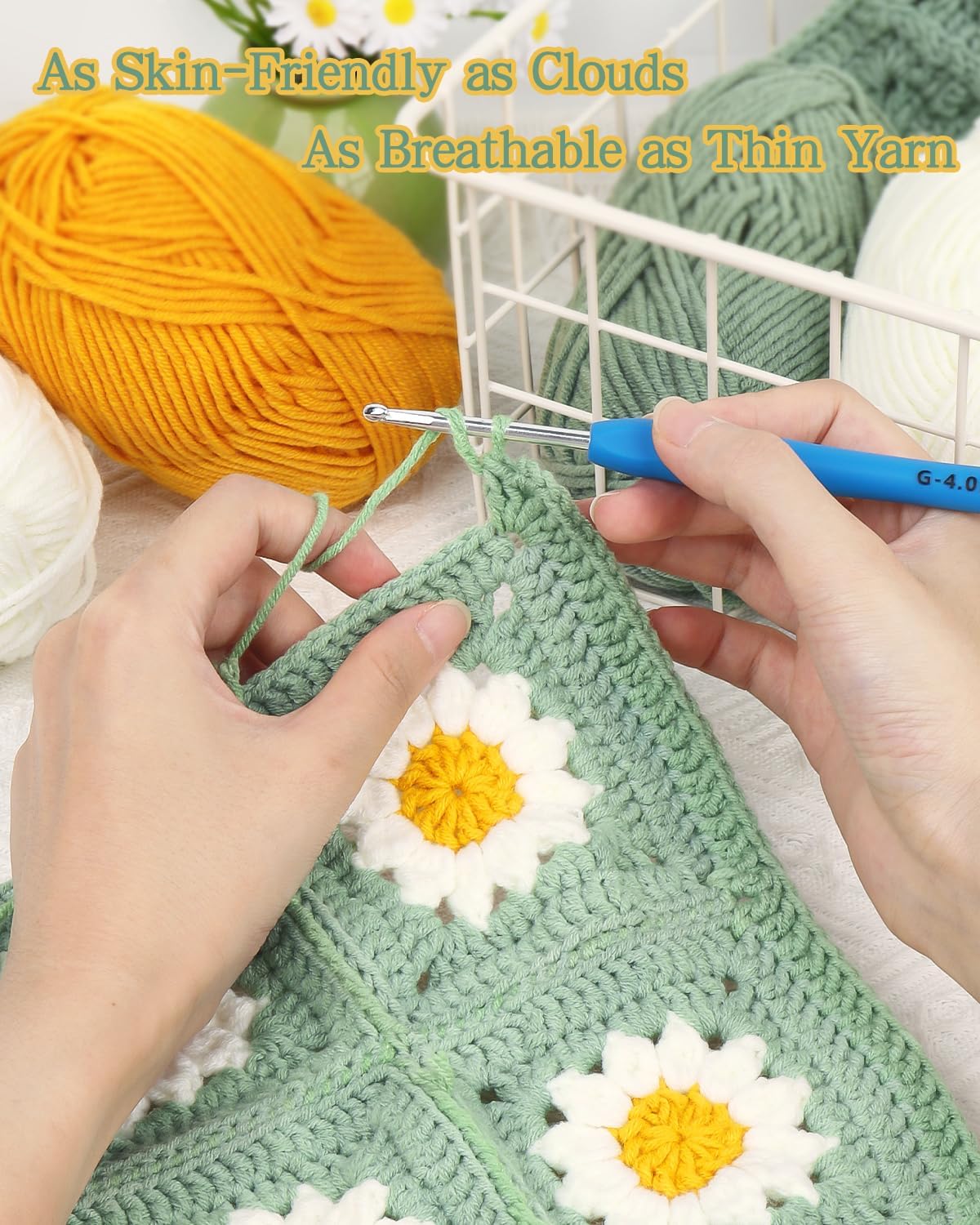 Cotton Blend Yarn for Crochet, Soft Granny Square Blanket Yarn | 50g/1.76oz Each Skein, 60% Cotton 40% Acrylic Soft Yarn for Handmade Blankets, Dolls, Scarves, Gloves & Shawls