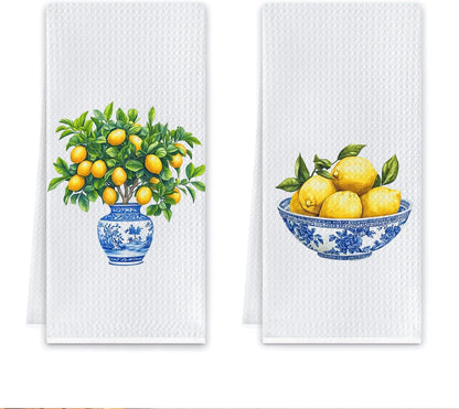 Chinoiserie Lemon Kitchen Towels, Italian Lemon Dish Tea Towels for Kitchen Decor, Blue and White Grandmillennial Lemons Tree Decorative Hand Towel for Bathroom, 16x24 Inch Set of 2