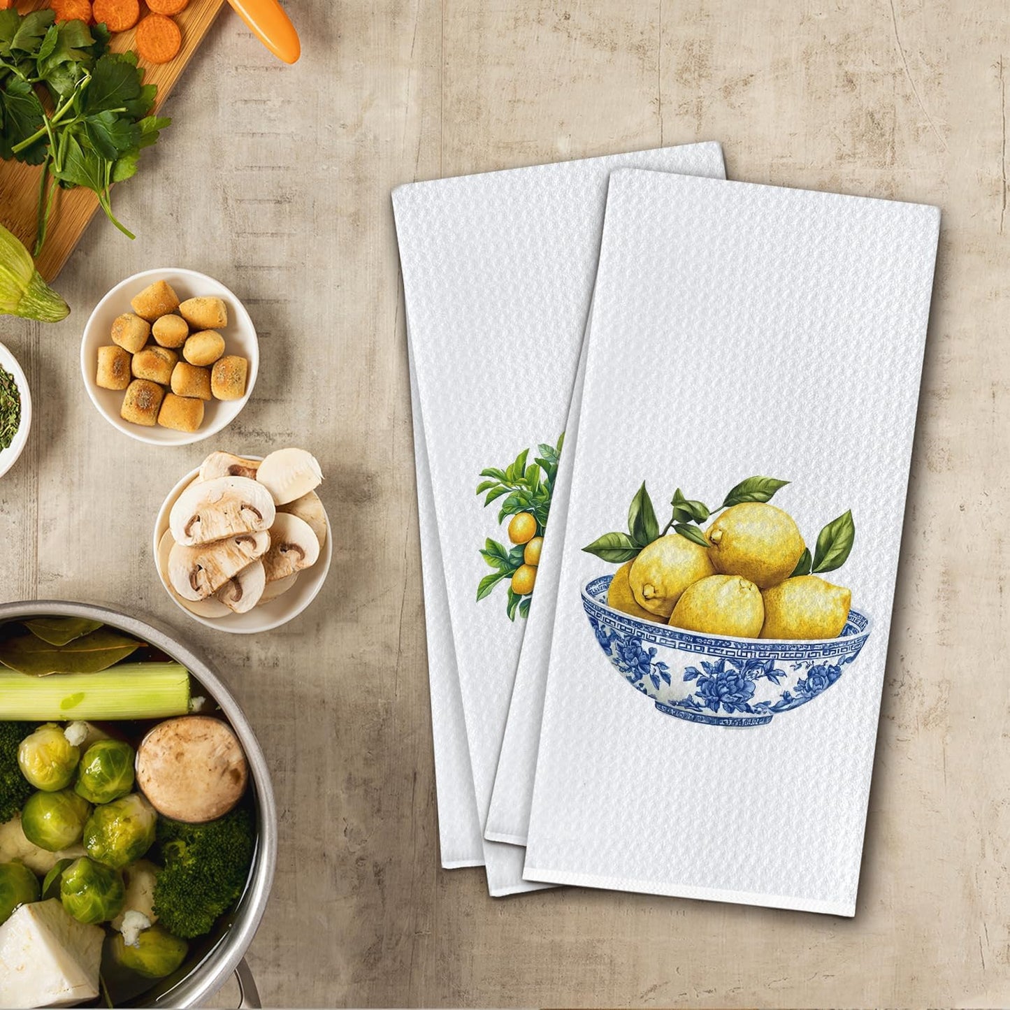 Chinoiserie Lemon Kitchen Towels, Italian Lemon Dish Tea Towels for Kitchen Decor, Blue and White Grandmillennial Lemons Tree Decorative Hand Towel for Bathroom, 16x24 Inch Set of 2
