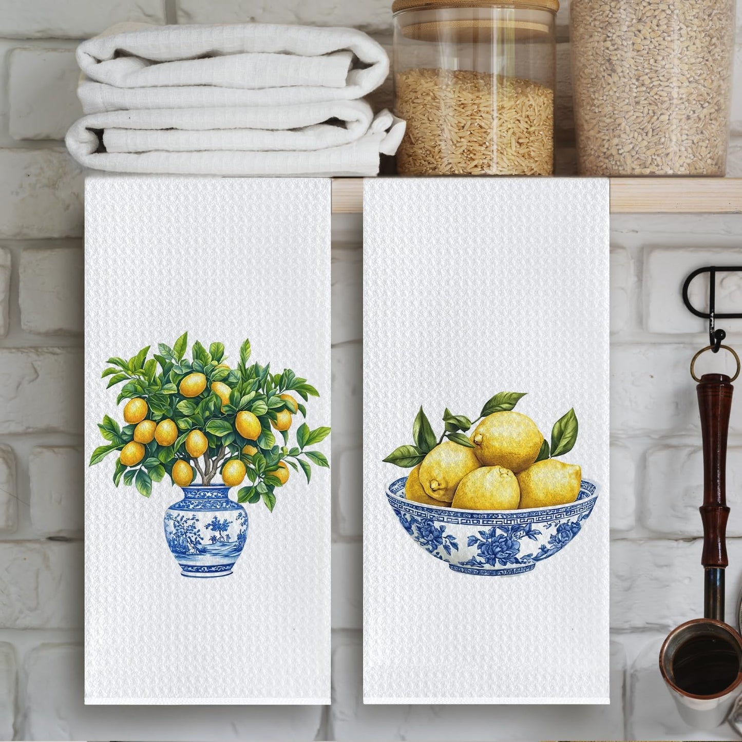 Chinoiserie Lemon Kitchen Towels, Italian Lemon Dish Tea Towels for Kitchen Decor, Blue and White Grandmillennial Lemons Tree Decorative Hand Towel for Bathroom, 16x24 Inch Set of 2
