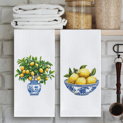 Chinoiserie Lemon Kitchen Towels, Italian Lemon Dish Tea Towels for Kitchen Decor, Blue and White Grandmillennial Lemons Tree Decorative Hand Towel for Bathroom, 16x24 Inch Set of 2