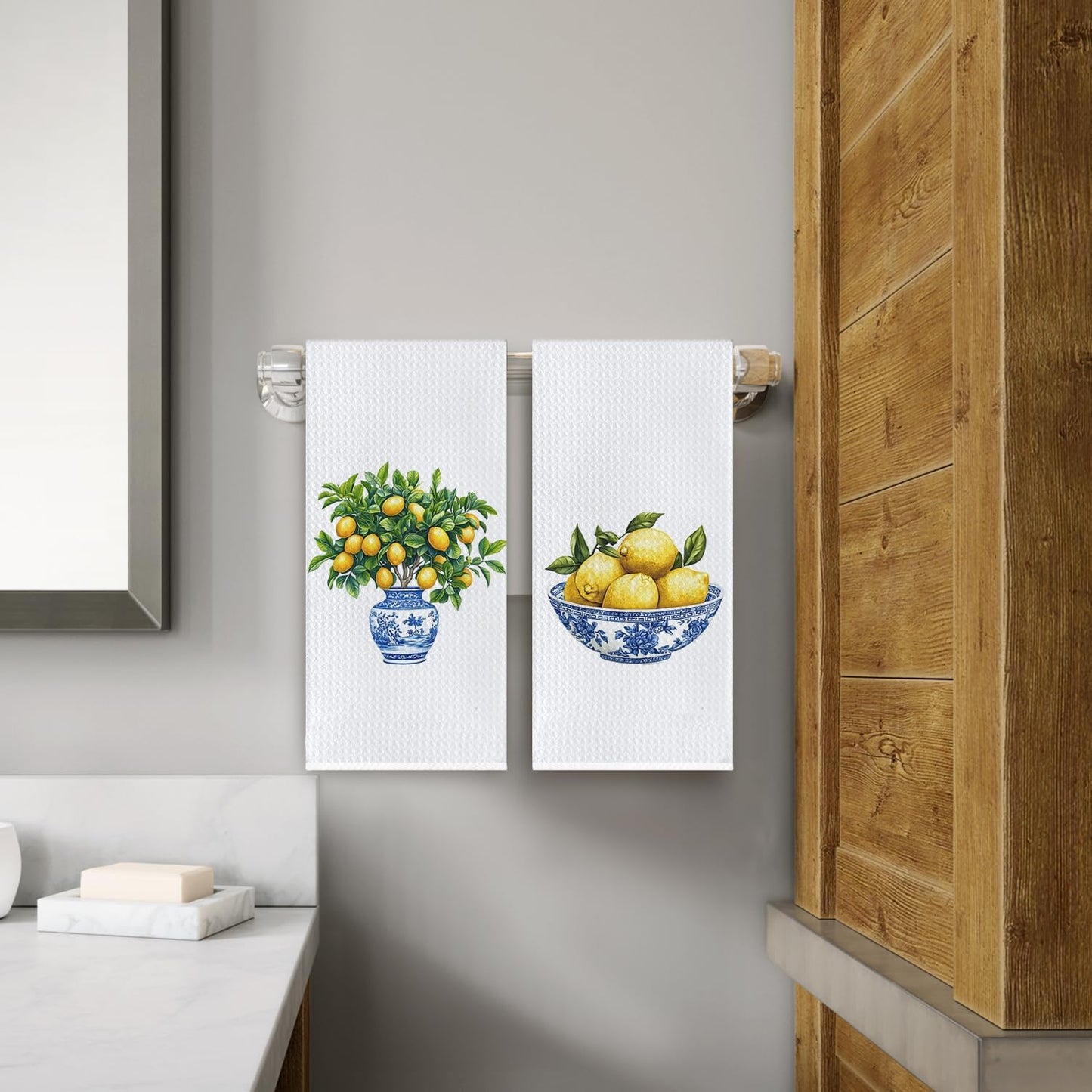 Chinoiserie Lemon Kitchen Towels, Italian Lemon Dish Tea Towels for Kitchen Decor, Blue and White Grandmillennial Lemons Tree Decorative Hand Towel for Bathroom, 16x24 Inch Set of 2