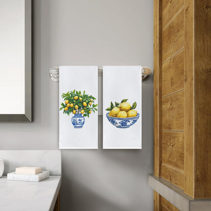 Chinoiserie Lemon Kitchen Towels, Italian Lemon Dish Tea Towels for Kitchen Decor, Blue and White Grandmillennial Lemons Tree Decorative Hand Towel for Bathroom, 16x24 Inch Set of 2