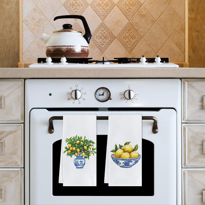 Chinoiserie Lemon Kitchen Towels, Italian Lemon Dish Tea Towels for Kitchen Decor, Blue and White Grandmillennial Lemons Tree Decorative Hand Towel for Bathroom, 16x24 Inch Set of 2